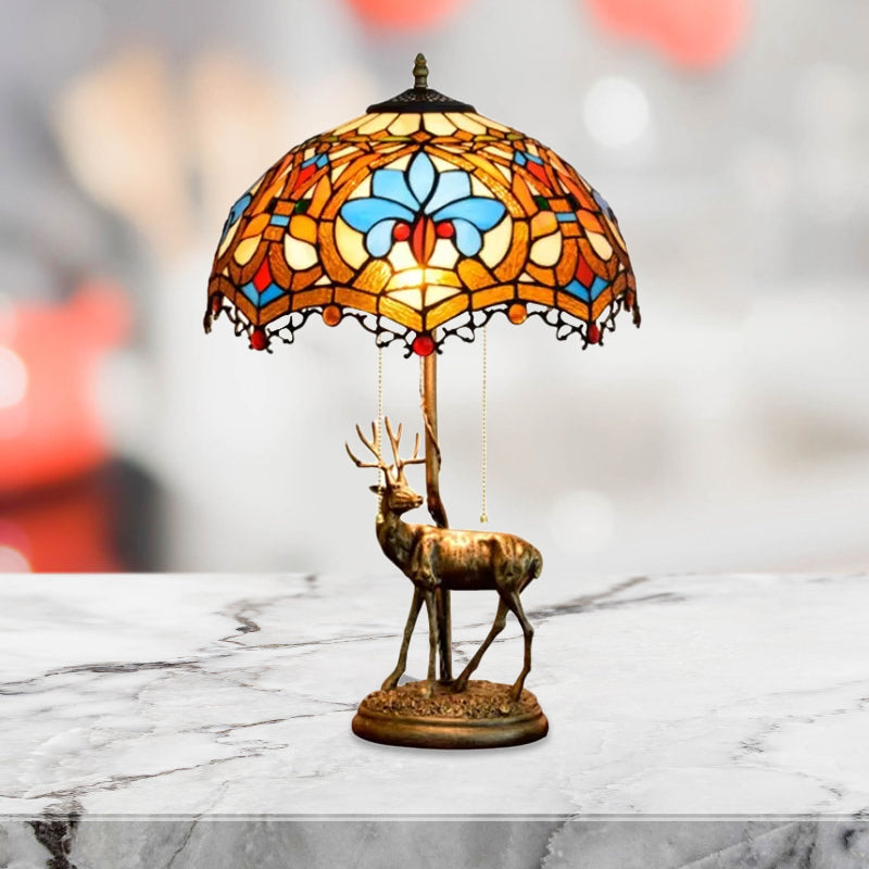 Wave-Edge Crisscross Shade Table Light 2-Head Yellow-White/Blue-Brown Tiffany Pull-Chain Night Lamp with Deer Base Blue-Brown Clearhalo 'Lamps' 'Table Lamps' Lighting' 889499