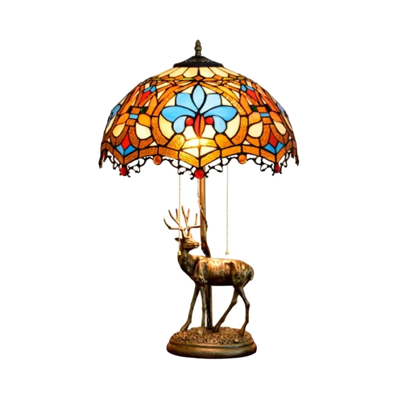 Wave-Edge Crisscross Shade Table Light 2-Head Yellow-White/Blue-Brown Tiffany Pull-Chain Night Lamp with Deer Base Clearhalo 'Lamps' 'Table Lamps' Lighting' 889501