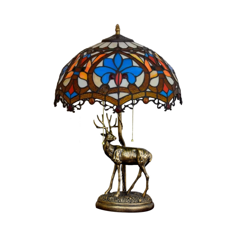 Wave-Edge Crisscross Shade Table Light 2-Head Yellow-White/Blue-Brown Tiffany Pull-Chain Night Lamp with Deer Base Clearhalo 'Lamps' 'Table Lamps' Lighting' 889502