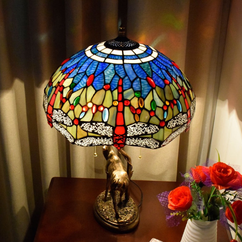 Dragonfly Stained Glass Night Light Mediterranean 2-Bulb Yellow/Orange/Green Table Lamp with Pull Chain and Elk Decor Clearhalo 'Lamps' 'Table Lamps' Lighting' 889504