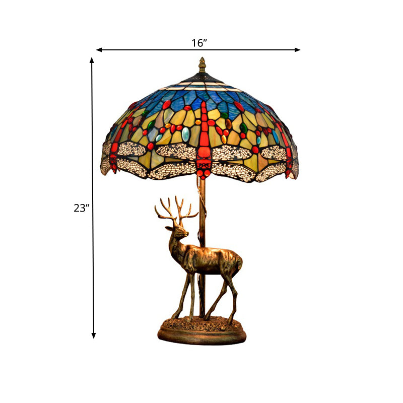 Dragonfly Stained Glass Night Light Mediterranean 2-Bulb Yellow/Orange/Green Table Lamp with Pull Chain and Elk Decor Clearhalo 'Lamps' 'Table Lamps' Lighting' 889506
