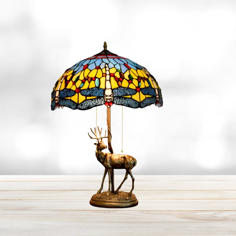 Dragonfly Stained Glass Night Light Mediterranean 2-Bulb Yellow/Orange/Green Table Lamp with Pull Chain and Elk Decor Clearhalo 'Lamps' 'Table Lamps' Lighting' 889508