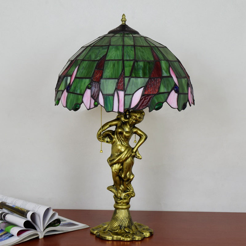 Bronze Lady Holding A Pot Table Light Tiffany 3-Light Resin Pull Chain Night Lamp with Jewel-Embellished Shade Green Clearhalo 'Lamps' 'Table Lamps' Lighting' 889519