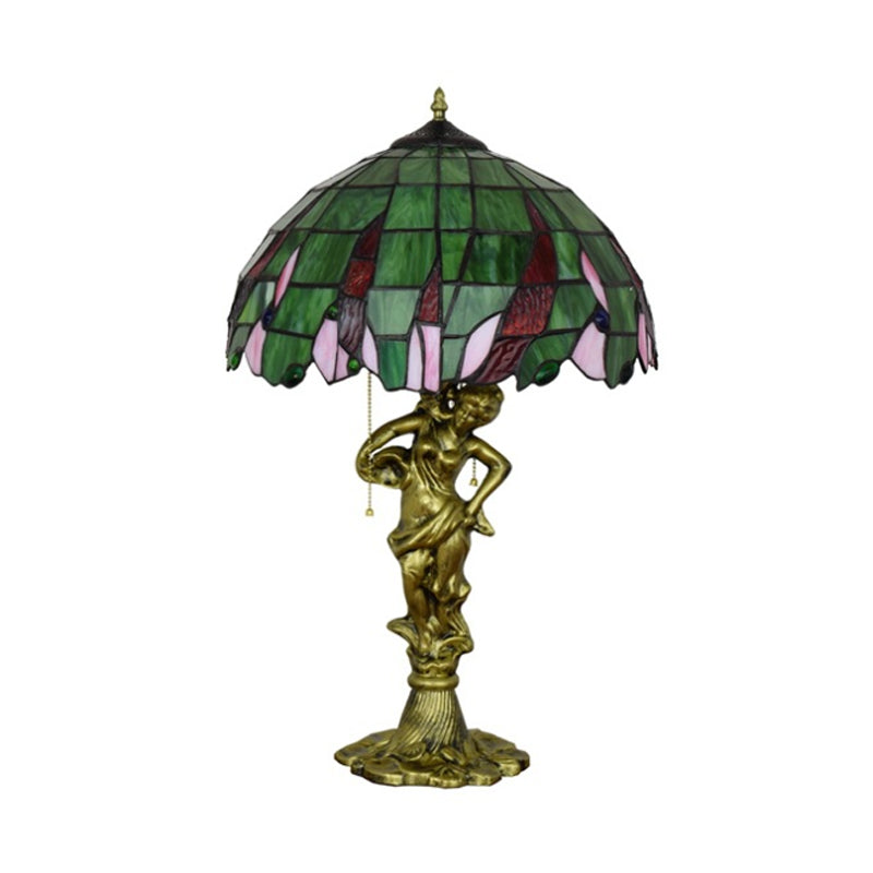 Bronze Lady Holding A Pot Table Light Tiffany 3-Light Resin Pull Chain Night Lamp with Jewel-Embellished Shade Clearhalo 'Lamps' 'Table Lamps' Lighting' 889521