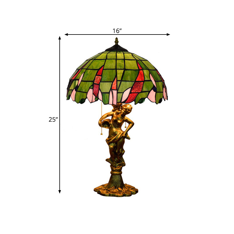 Bronze Lady Holding A Pot Table Light Tiffany 3-Light Resin Pull Chain Night Lamp with Jewel-Embellished Shade Clearhalo 'Lamps' 'Table Lamps' Lighting' 889522