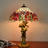 Roseborder Pointed Shade Table Lamp 3 Heads Stained Glass Victorian Night Light with Bronze Sculpture and Pull Chain Bronze Clearhalo 'Lamps' 'Table Lamps' Lighting' 889523