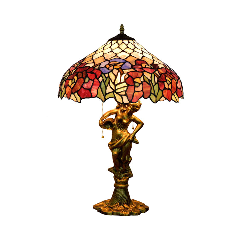 Roseborder Pointed Shade Table Lamp 3 Heads Stained Glass Victorian Night Light with Bronze Sculpture and Pull Chain Clearhalo 'Lamps' 'Table Lamps' Lighting' 889524