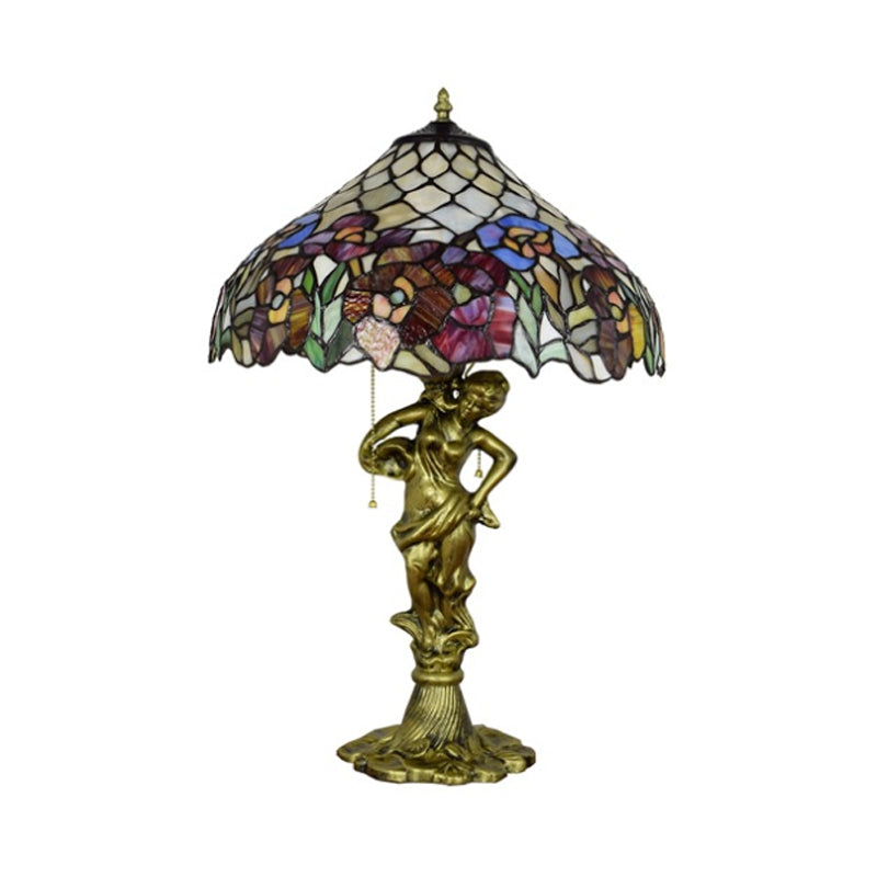 Roseborder Pointed Shade Table Lamp 3 Heads Stained Glass Victorian Night Light with Bronze Sculpture and Pull Chain Clearhalo 'Lamps' 'Table Lamps' Lighting' 889525