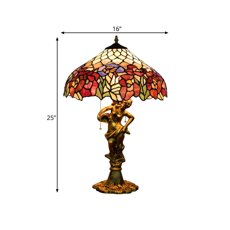 Roseborder Pointed Shade Table Lamp 3 Heads Stained Glass Victorian Night Light with Bronze Sculpture and Pull Chain Clearhalo 'Lamps' 'Table Lamps' Lighting' 889526