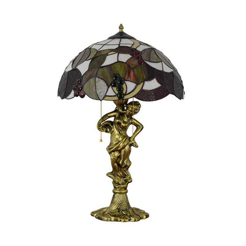 Resin Woman Carrying Pot Night Lamp Vintage 3 Bulbs Bronze Pull-Chain Table Lighting with Grapes Vine Tiffany Glass Shade Clearhalo 'Lamps' 'Table Lamps' Lighting' 889529
