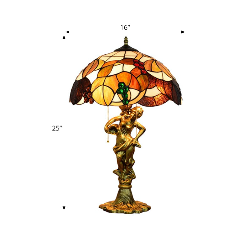 Resin Woman Carrying Pot Night Lamp Vintage 3 Bulbs Bronze Pull-Chain Table Lighting with Grapes Vine Tiffany Glass Shade Clearhalo 'Lamps' 'Table Lamps' Lighting' 889530
