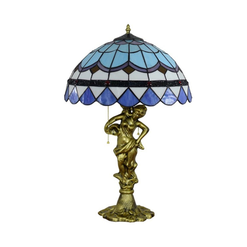 2 Heads Pull Chain Night Light Mediterranean Cone/Dome Beige/Blue-Brown Glass Table Lighting with Bronze Maid Base Clearhalo 'Lamps' 'Table Lamps' Lighting' 889537