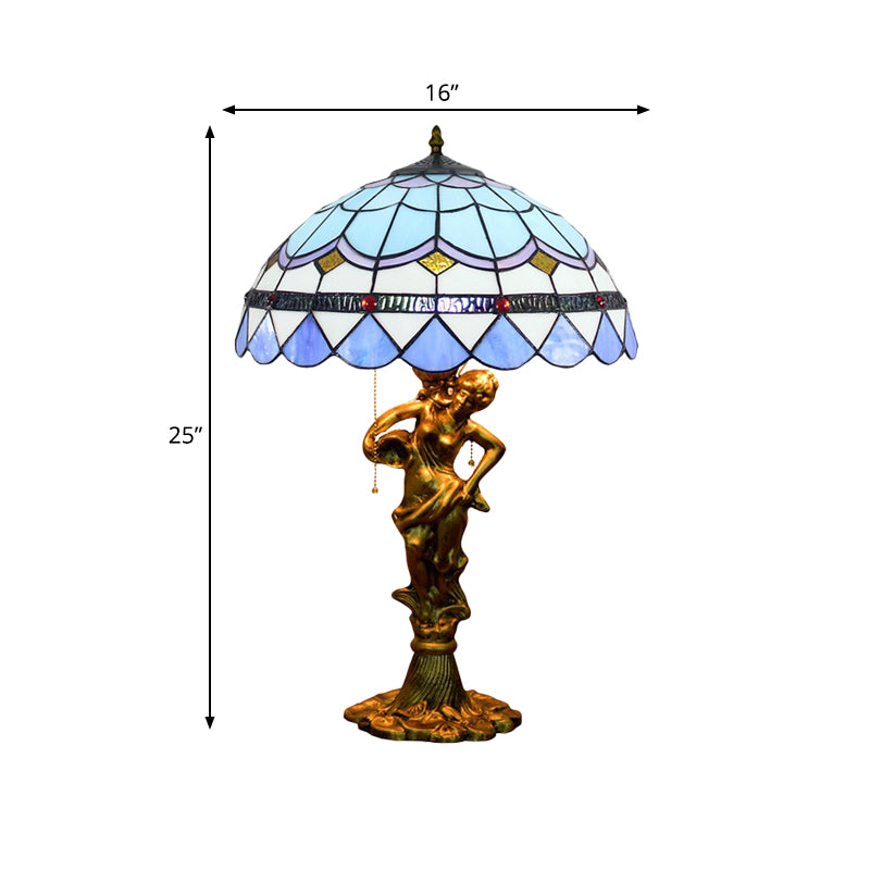 2 Heads Pull Chain Night Light Mediterranean Cone/Dome Beige/Blue-Brown Glass Table Lighting with Bronze Maid Base Clearhalo 'Lamps' 'Table Lamps' Lighting' 889538