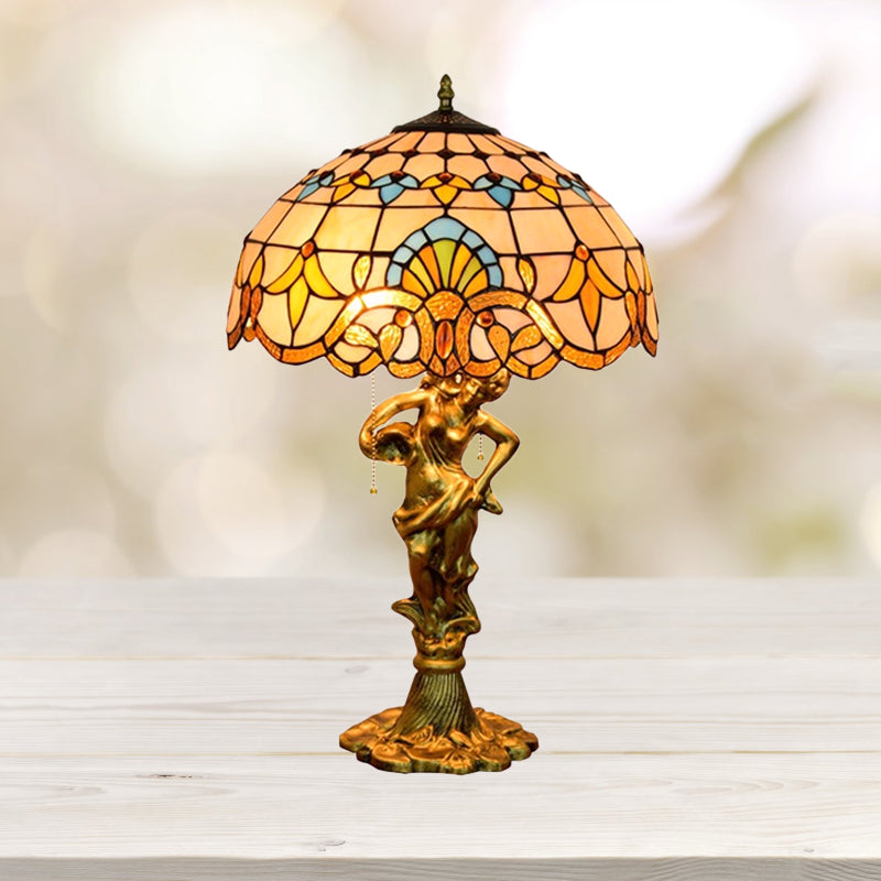 2 Heads Pull Chain Night Light Mediterranean Cone/Dome Beige/Blue-Brown Glass Table Lighting with Bronze Maid Base Beige Clearhalo 'Lamps' 'Table Lamps' Lighting' 889539
