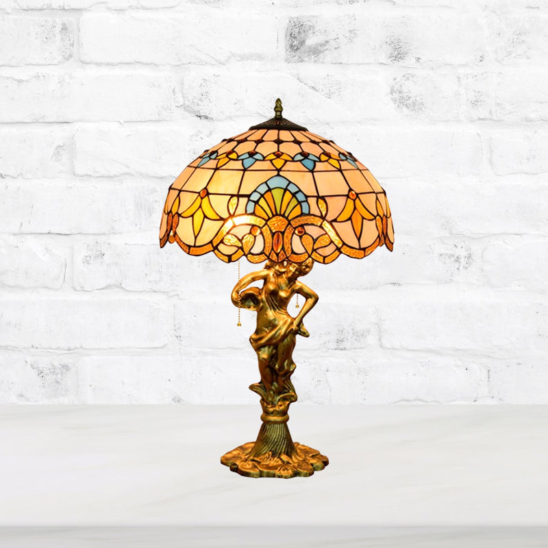 2 Heads Pull Chain Night Light Mediterranean Cone/Dome Beige/Blue-Brown Glass Table Lighting with Bronze Maid Base Clearhalo 'Lamps' 'Table Lamps' Lighting' 889540