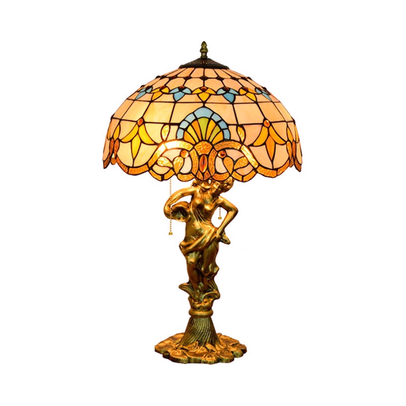 2 Heads Pull Chain Night Light Mediterranean Cone/Dome Beige/Blue-Brown Glass Table Lighting with Bronze Maid Base Clearhalo 'Lamps' 'Table Lamps' Lighting' 889541