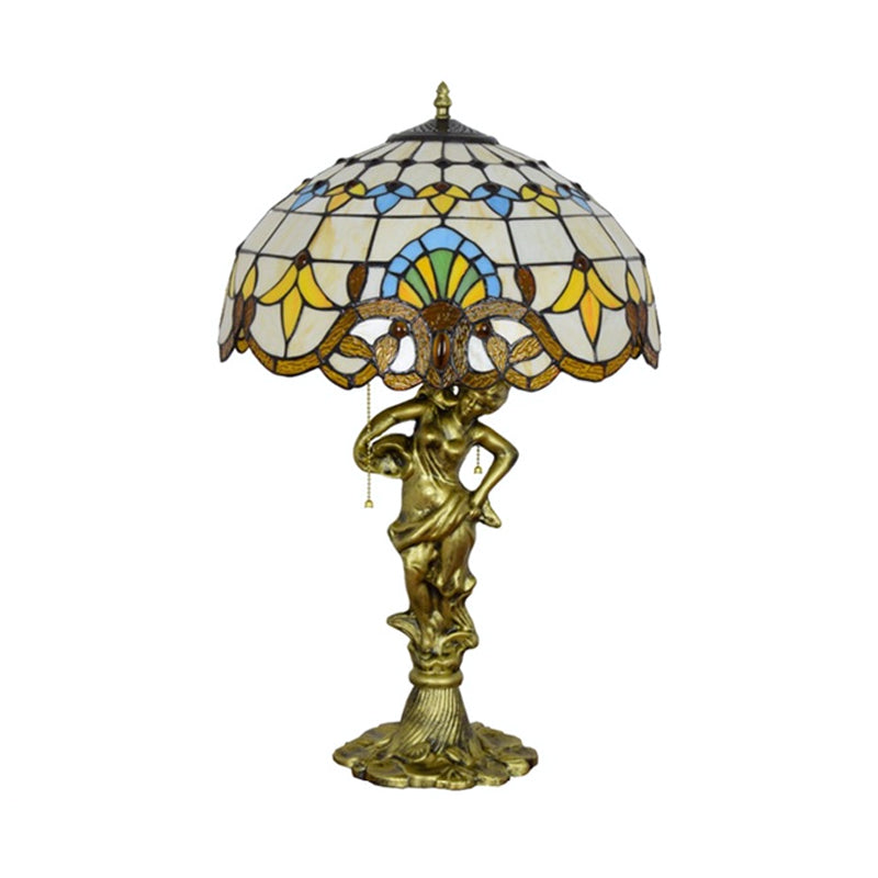 2 Heads Pull Chain Night Light Mediterranean Cone/Dome Beige/Blue-Brown Glass Table Lighting with Bronze Maid Base Clearhalo 'Lamps' 'Table Lamps' Lighting' 889542