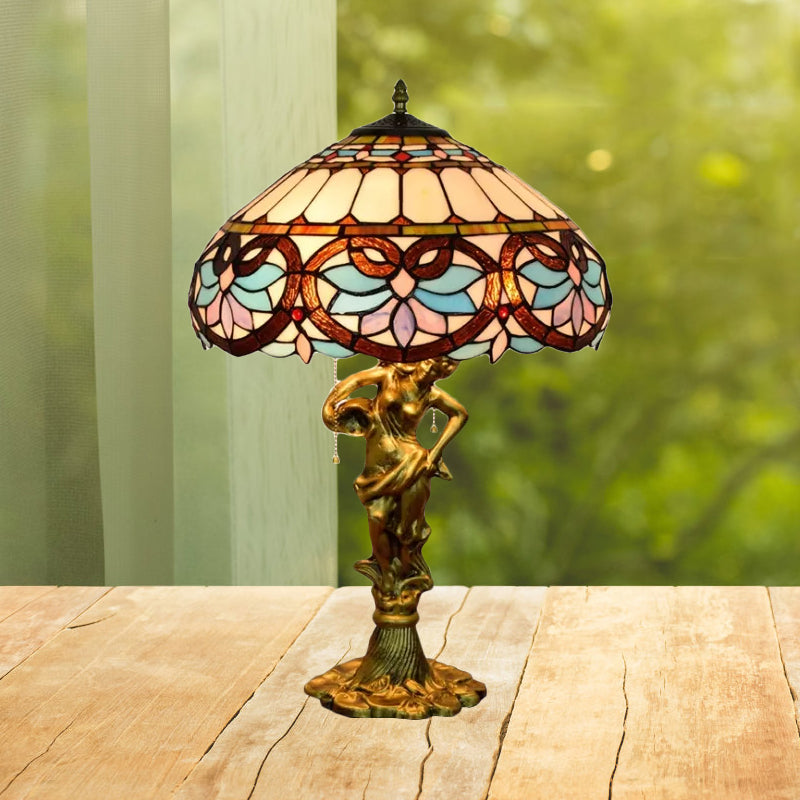 2 Heads Pull Chain Night Light Mediterranean Cone/Dome Beige/Blue-Brown Glass Table Lighting with Bronze Maid Base Blue-Brown Clearhalo 'Lamps' 'Table Lamps' Lighting' 889543