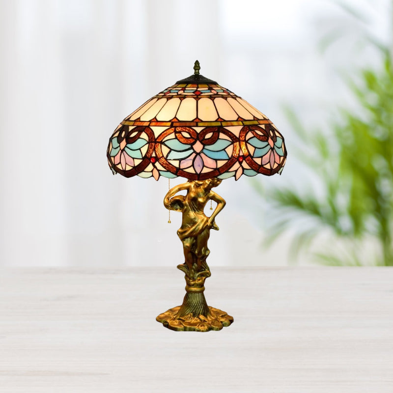 2 Heads Pull Chain Night Light Mediterranean Cone/Dome Beige/Blue-Brown Glass Table Lighting with Bronze Maid Base Clearhalo 'Lamps' 'Table Lamps' Lighting' 889544