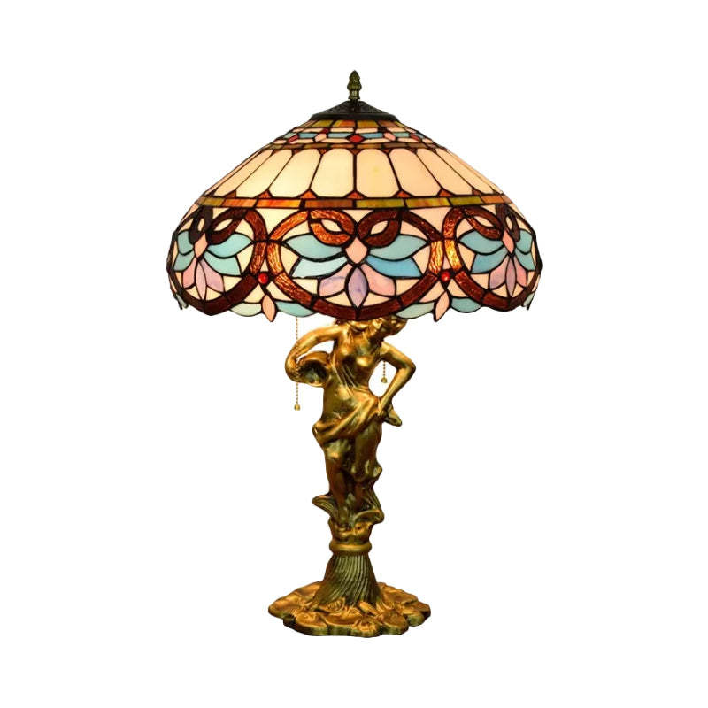 2 Heads Pull Chain Night Light Mediterranean Cone/Dome Beige/Blue-Brown Glass Table Lighting with Bronze Maid Base Clearhalo 'Lamps' 'Table Lamps' Lighting' 889545