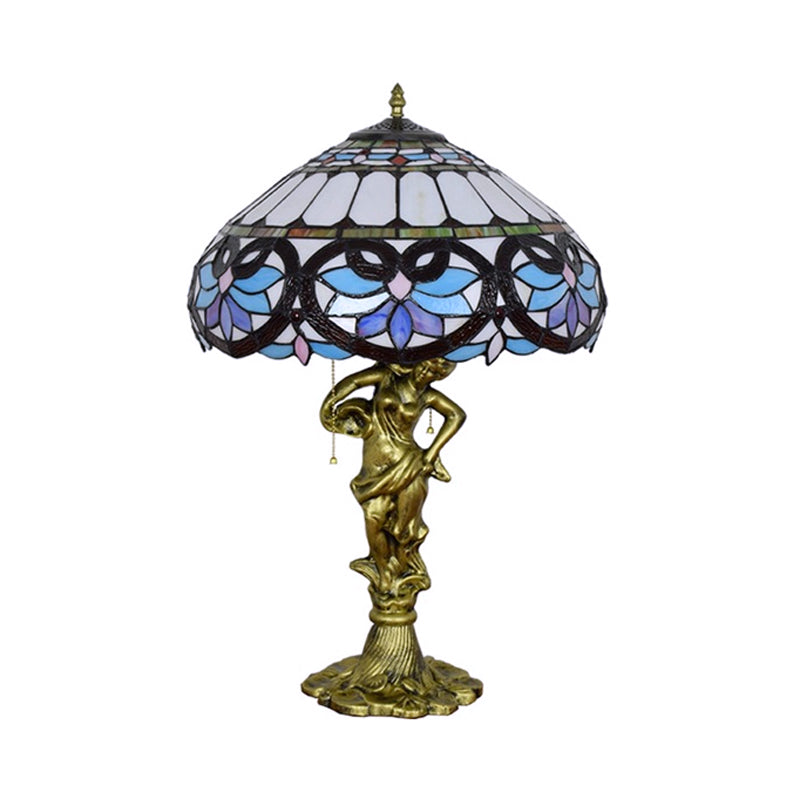 2 Heads Pull Chain Night Light Mediterranean Cone/Dome Beige/Blue-Brown Glass Table Lighting with Bronze Maid Base Clearhalo 'Lamps' 'Table Lamps' Lighting' 889546