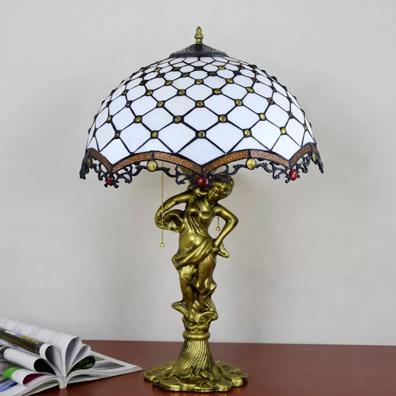 Scalloped-Trim Netting/Parrot Table Lamp Baroque Blue/White-Brown Glass 3 Lights Bronze Pull-Chain Night Light with Woman Sculpture White-Brown Clearhalo 'Lamps' 'Table Lamps' Lighting' 889547
