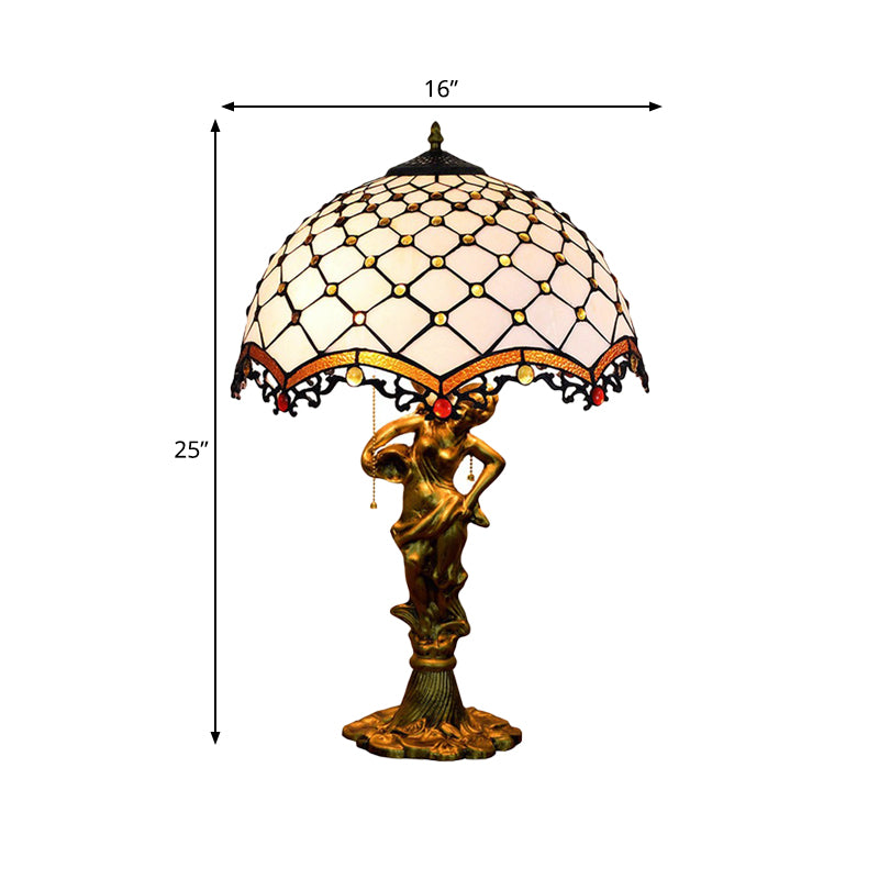 Scalloped-Trim Netting/Parrot Table Lamp Baroque Blue/White-Brown Glass 3 Lights Bronze Pull-Chain Night Light with Woman Sculpture Clearhalo 'Lamps' 'Table Lamps' Lighting' 889550