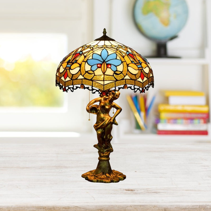 Scalloped-Trim Netting/Parrot Table Lamp Baroque Blue/White-Brown Glass 3 Lights Bronze Pull-Chain Night Light with Woman Sculpture Clearhalo 'Lamps' 'Table Lamps' Lighting' 889552