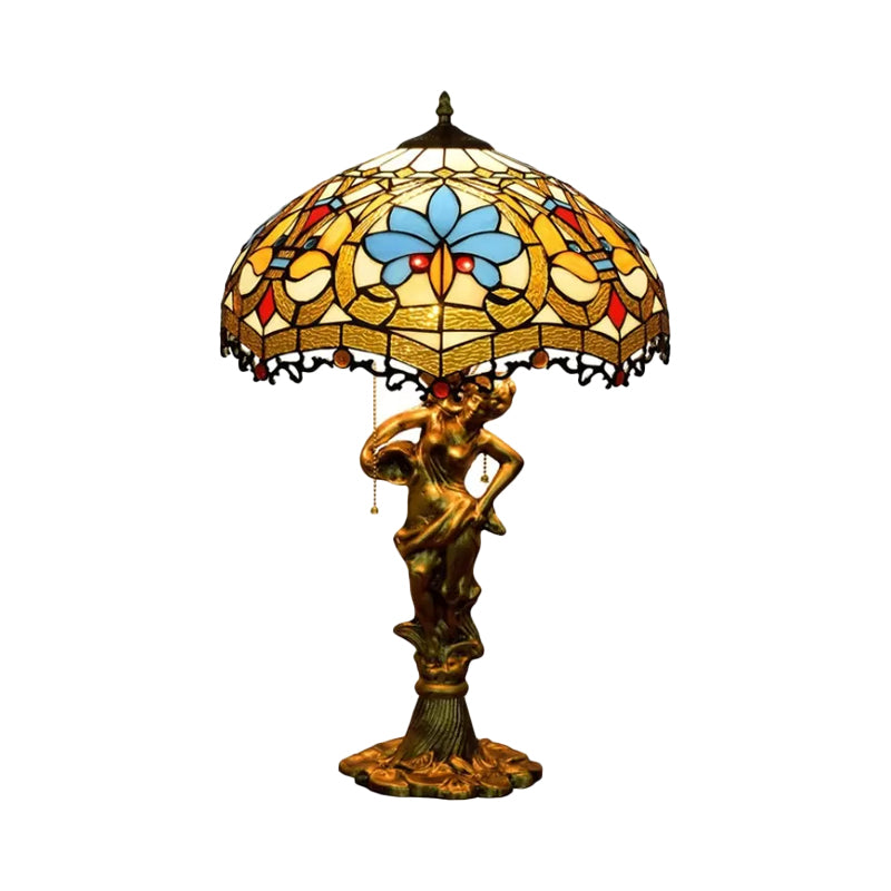 Scalloped-Trim Netting/Parrot Table Lamp Baroque Blue/White-Brown Glass 3 Lights Bronze Pull-Chain Night Light with Woman Sculpture Clearhalo 'Lamps' 'Table Lamps' Lighting' 889553