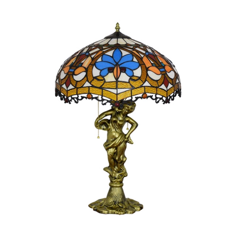 Scalloped-Trim Netting/Parrot Table Lamp Baroque Blue/White-Brown Glass 3 Lights Bronze Pull-Chain Night Light with Woman Sculpture Clearhalo 'Lamps' 'Table Lamps' Lighting' 889554