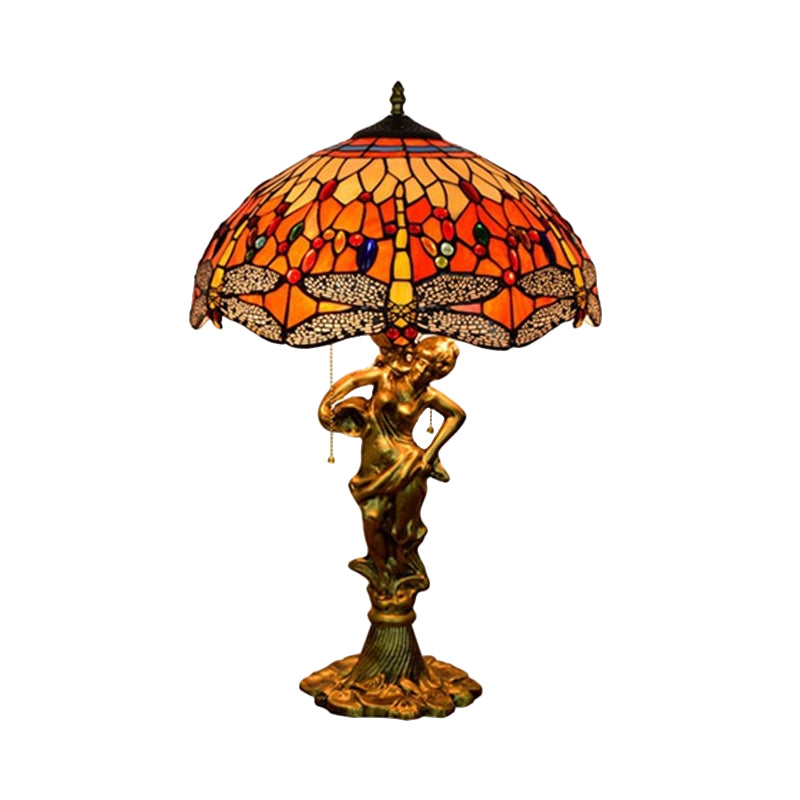 Dragonfly Cabochons Embedded Table Light 3-Light Yellow/Orange/Blue Glass Tiffany Nightstand Lamp with Pull Chain Clearhalo 'Lamps' 'Table Lamps' Lighting' 889556
