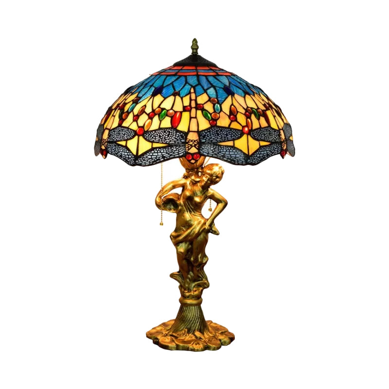 Dragonfly Cabochons Embedded Table Light 3-Light Yellow/Orange/Blue Glass Tiffany Nightstand Lamp with Pull Chain Clearhalo 'Lamps' 'Table Lamps' Lighting' 889561