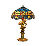Dragonfly Cabochons Embedded Table Light 3-Light Yellow/Orange/Blue Glass Tiffany Nightstand Lamp with Pull Chain Clearhalo 'Lamps' 'Table Lamps' Lighting' 889561