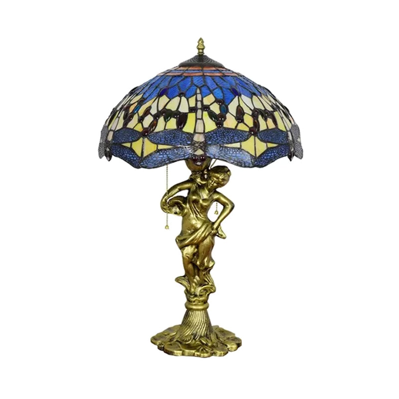 Dragonfly Cabochons Embedded Table Light 3-Light Yellow/Orange/Blue Glass Tiffany Nightstand Lamp with Pull Chain Clearhalo 'Lamps' 'Table Lamps' Lighting' 889562