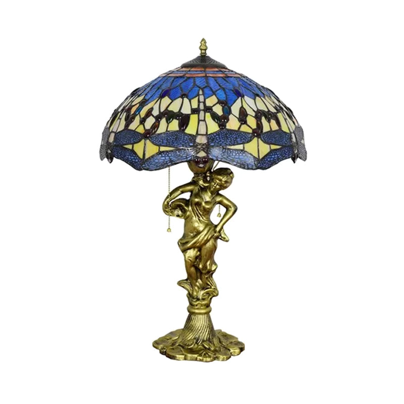 Dragonfly Cabochons Embedded Table Light 3-Light Yellow/Orange/Blue Glass Tiffany Nightstand Lamp with Pull Chain Clearhalo 'Lamps' 'Table Lamps' Lighting' 889562