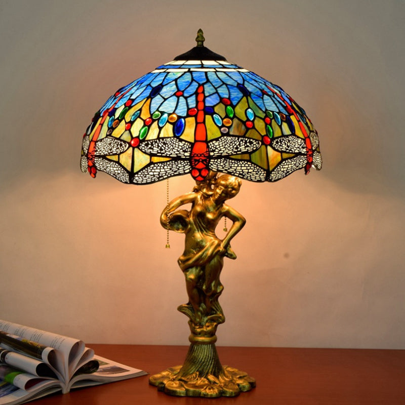 Dragonfly Cabochons Embedded Table Light 3-Light Yellow/Orange/Blue Glass Tiffany Nightstand Lamp with Pull Chain Clearhalo 'Lamps' 'Table Lamps' Lighting' 889564