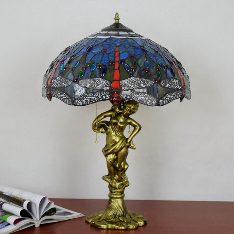 Dragonfly Cabochons Embedded Table Light 3-Light Yellow/Orange/Blue Glass Tiffany Nightstand Lamp with Pull Chain Clearhalo 'Lamps' 'Table Lamps' Lighting' 889565