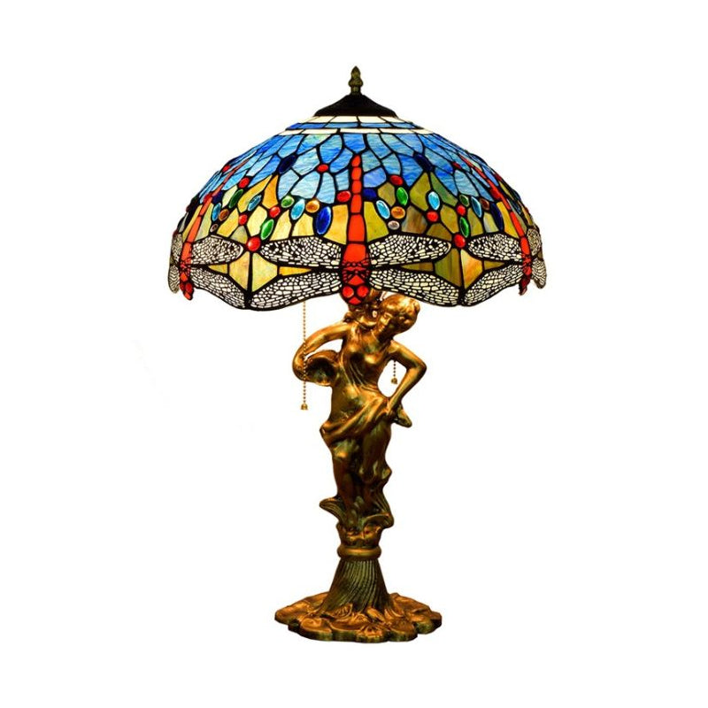Dragonfly Cabochons Embedded Table Light 3-Light Yellow/Orange/Blue Glass Tiffany Nightstand Lamp with Pull Chain Clearhalo 'Lamps' 'Table Lamps' Lighting' 889566