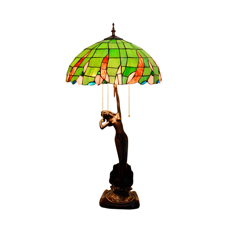 Coffee Female Dancer Nightstand Light Tiffany 3 Bulbs Resin Pull-Chain Table Lighting with Green Glass Shade Clearhalo 'Lamps' 'Table Lamps' Lighting' 889568