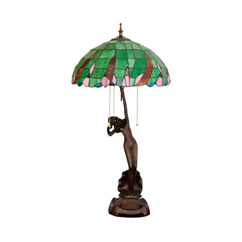 Coffee Female Dancer Nightstand Light Tiffany 3 Bulbs Resin Pull-Chain Table Lighting with Green Glass Shade Clearhalo 'Lamps' 'Table Lamps' Lighting' 889569
