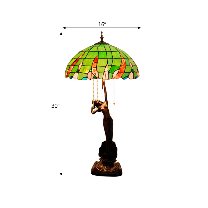 Coffee Female Dancer Nightstand Light Tiffany 3 Bulbs Resin Pull-Chain Table Lighting with Green Glass Shade Clearhalo 'Lamps' 'Table Lamps' Lighting' 889570