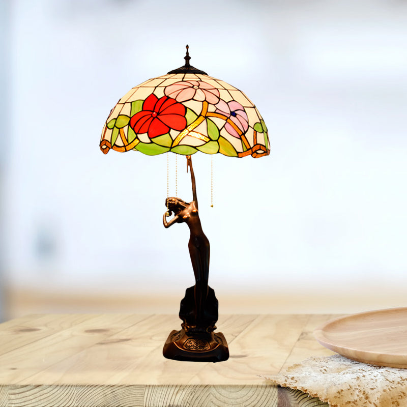 Flowering Stained Glass Table Lamp Tiffany-Style 3 Heads Red/Orange Pull-Chain Night Stand Light with Women Sculpture Red Clearhalo 'Lamps' 'Table Lamps' Lighting' 889571