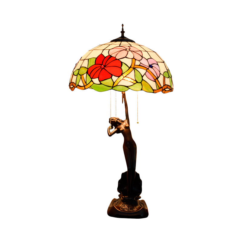 Flowering Stained Glass Table Lamp Tiffany-Style 3 Heads Red/Orange Pull-Chain Night Stand Light with Women Sculpture Clearhalo 'Lamps' 'Table Lamps' Lighting' 889572