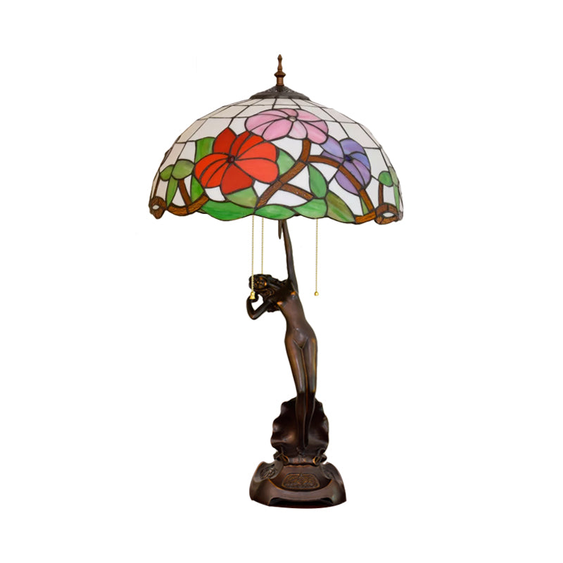Flowering Stained Glass Table Lamp Tiffany-Style 3 Heads Red/Orange Pull-Chain Night Stand Light with Women Sculpture Clearhalo 'Lamps' 'Table Lamps' Lighting' 889573