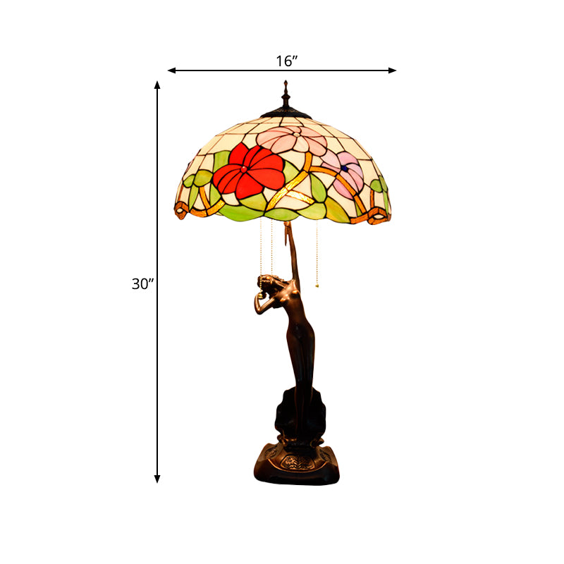 Flowering Stained Glass Table Lamp Tiffany-Style 3 Heads Red/Orange Pull-Chain Night Stand Light with Women Sculpture Clearhalo 'Lamps' 'Table Lamps' Lighting' 889574