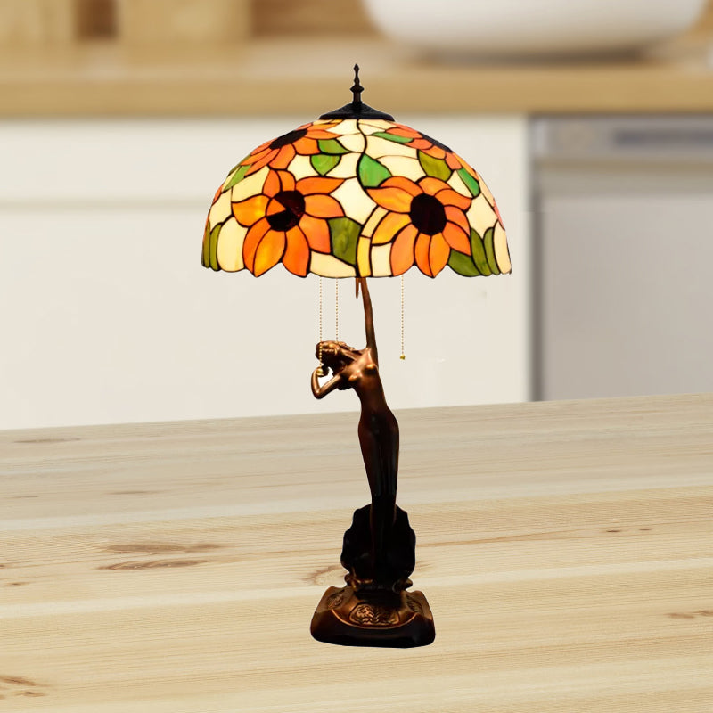 Flowering Stained Glass Table Lamp Tiffany-Style 3 Heads Red/Orange Pull-Chain Night Stand Light with Women Sculpture Orange Clearhalo 'Lamps' 'Table Lamps' Lighting' 889575