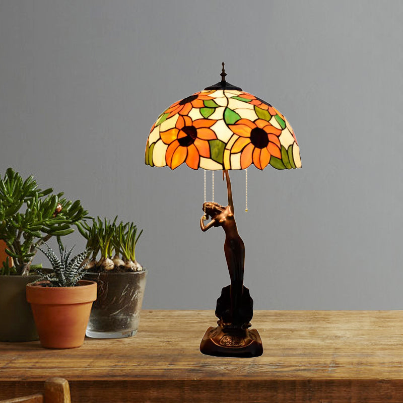 Flowering Stained Glass Table Lamp Tiffany-Style 3 Heads Red/Orange Pull-Chain Night Stand Light with Women Sculpture Clearhalo 'Lamps' 'Table Lamps' Lighting' 889576