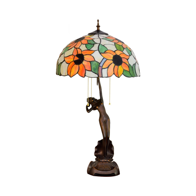 Flowering Stained Glass Table Lamp Tiffany-Style 3 Heads Red/Orange Pull-Chain Night Stand Light with Women Sculpture Clearhalo 'Lamps' 'Table Lamps' Lighting' 889578