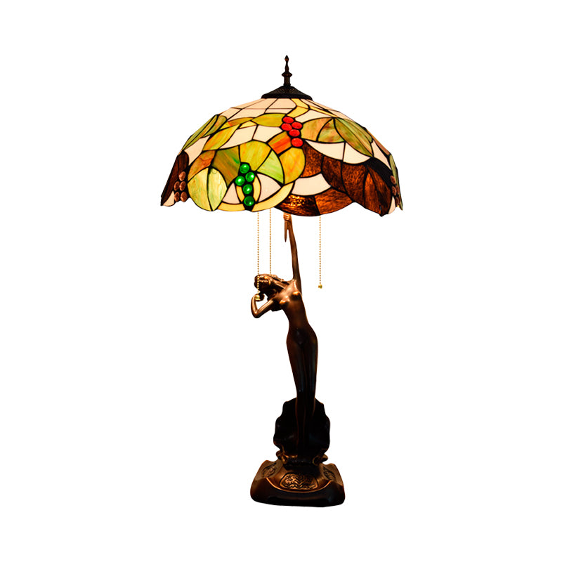 Coffee 3-Light Table Lamp Tiffany Stained Art Glass Grapes Nightstand Light with On Off Pull Chain Clearhalo 'Lamps' 'Table Lamps' Lighting' 889580