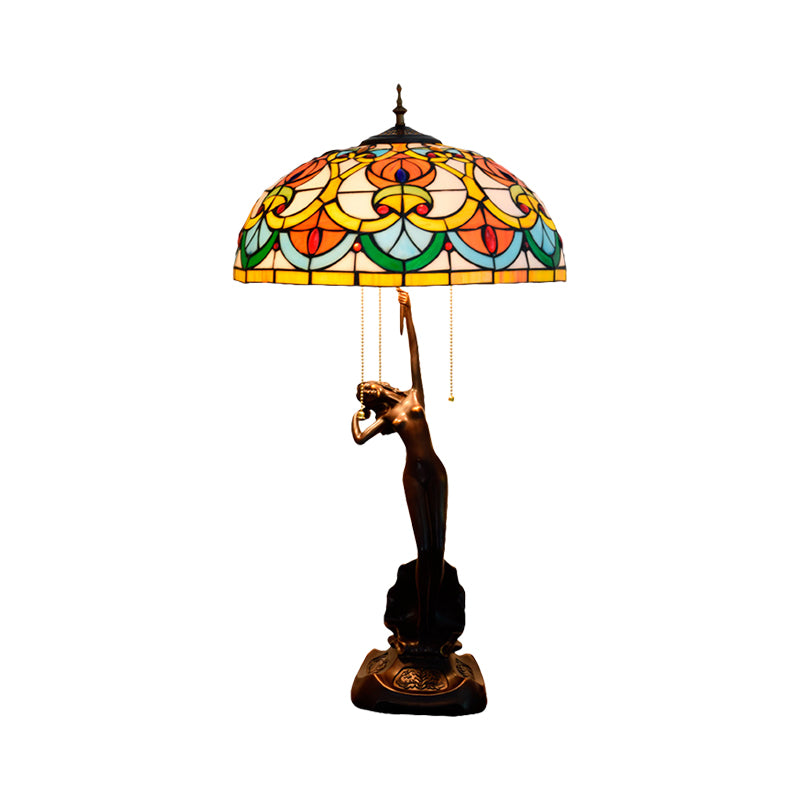 Orange/Yellow Glass Bowl Night Light Victorian Style 3 Bulbs Black Table Lighting with Pull Chain and Girl Base Clearhalo 'Lamps' 'Table Lamps' Lighting' 889584